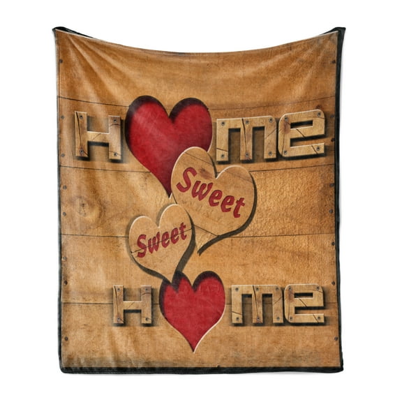 Saying Soft Flannel Fleece Throw Blanket, Words with Heart Shapes on Wooden Planks Log Cabin Country House, Cozy Plush for Indoor and Outdoor Use, 60" x 80", Pale Brown Red Black, by Ambesonne