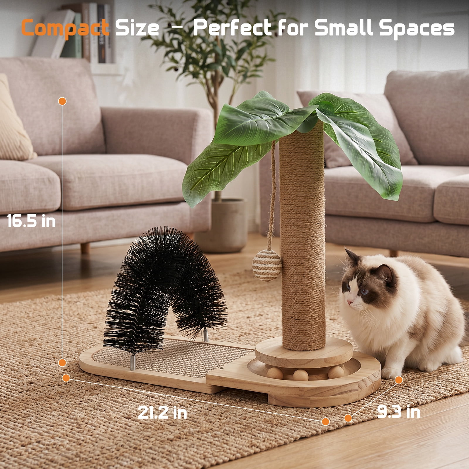 Wooden Cat Scratcher with Sisal Scratching Post, Cat Activity Center with Grooming Brush and Hanging Toy, Small Cat Tree for Indoor Cats and Kittens