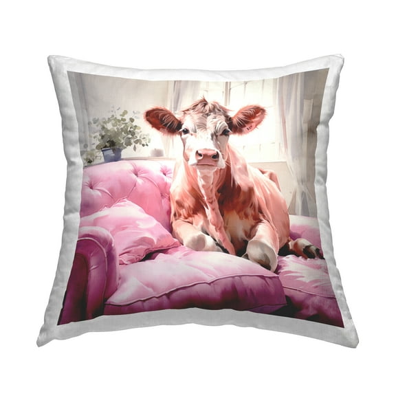 Stupell Industries Cow on Pink Couch Decorative Printed Throw Pillow, 18 x 18