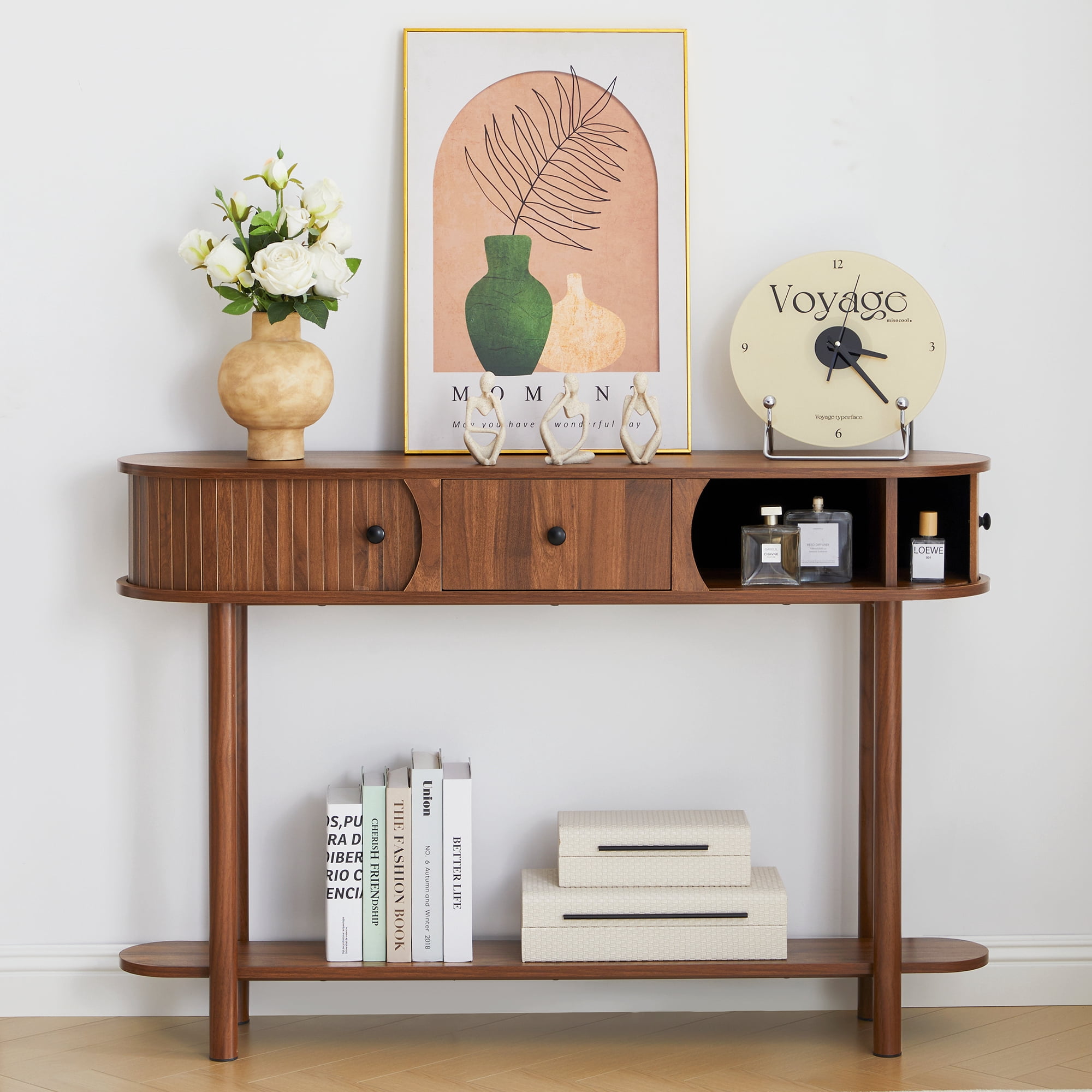 LEFHDA 47.2" Fluted Console Table with Drawers & Tambour Door, Narrow Entryway Sofa Table with Storage for Hallway, Living Room Behind Couch - Rustic Brown