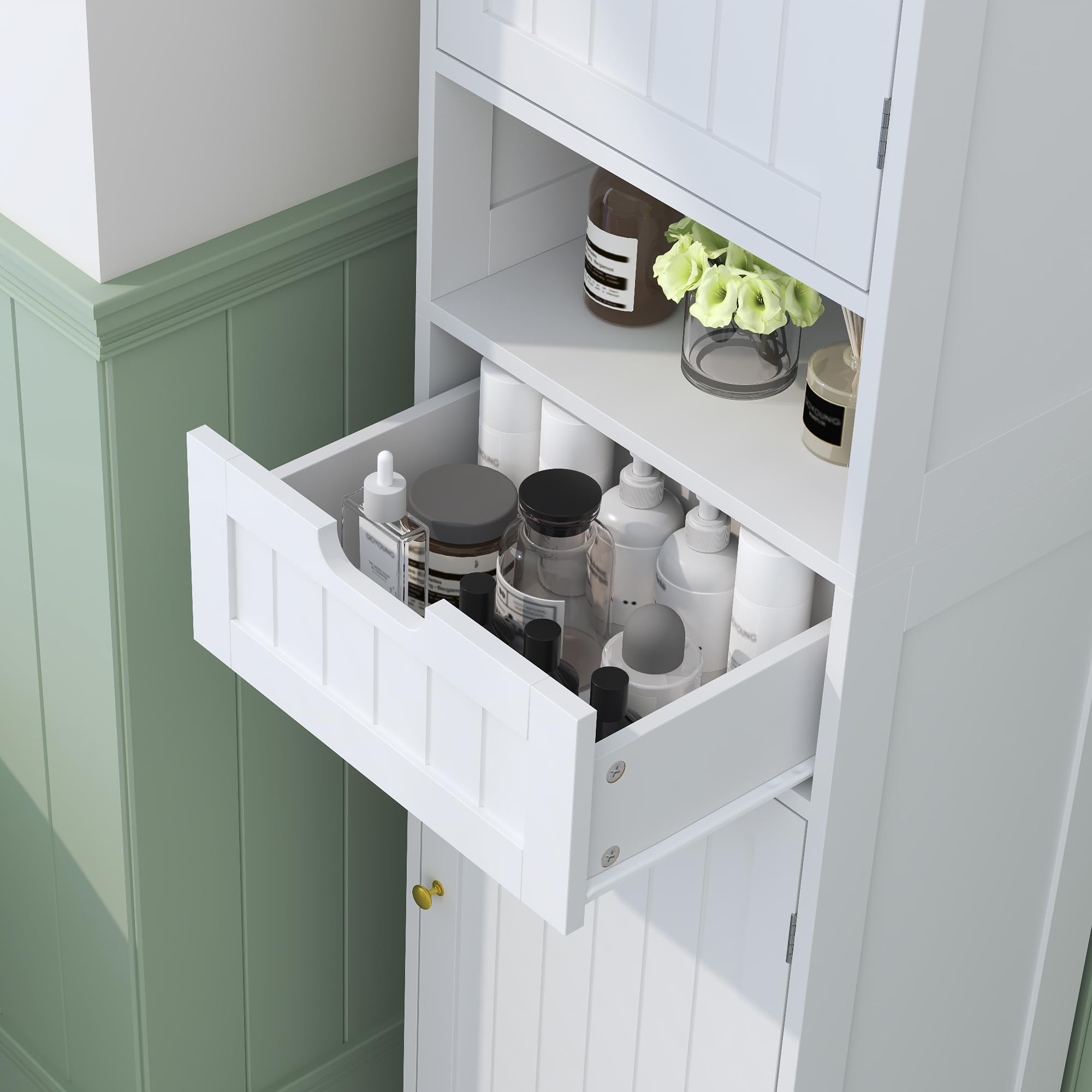 67" H Tall Bathroom Storage Cabinet, Narrow Freestanding Towel Cabinet with Waterproof Base, Adjustable Shelves, 2 Doors & 1 Drawer — for Bathroom, Kitchen, Living & Dining (White, 15.7" W)