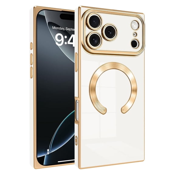 Dteck Magnetic Plating Phone Case for iPhone 17 Pro, Shockproof Slim Soft TPU Rubber Cover with Lens Protection, White