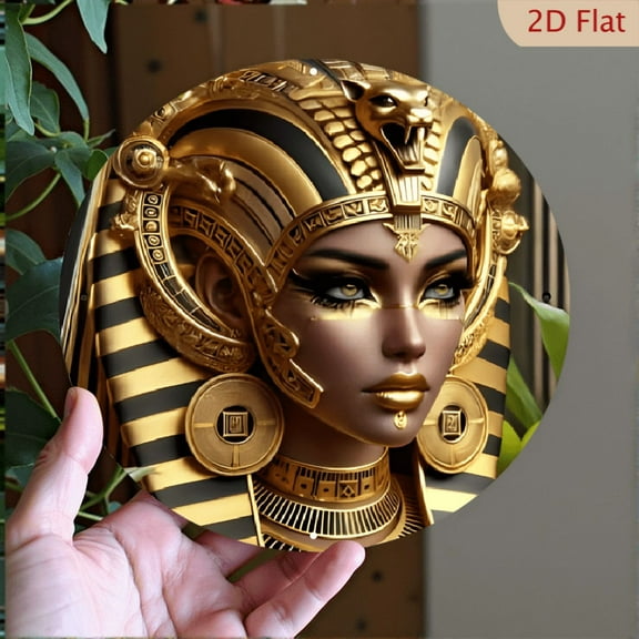 1 piece of Elegant Metal Wall Art with Egyptian Queen Theme, 8*8inch Round, Gold and Vintage Design - Perfect for Home, Office or Café Decoration - Ideal Gift for A Round Aluminum Plate