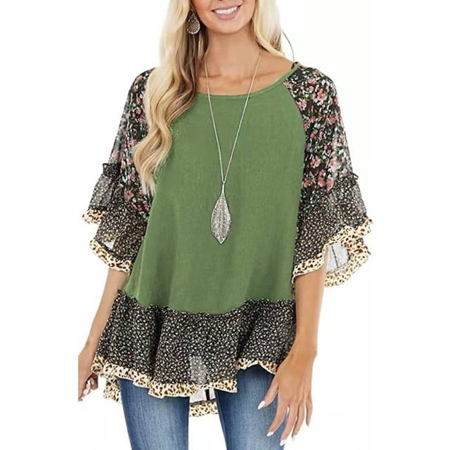 VISgogo Blusa de media manga para mujer, tops holgados de cuello redondo con estampado floral de leopardo, camisa informal de estilo simple VISgogo moda