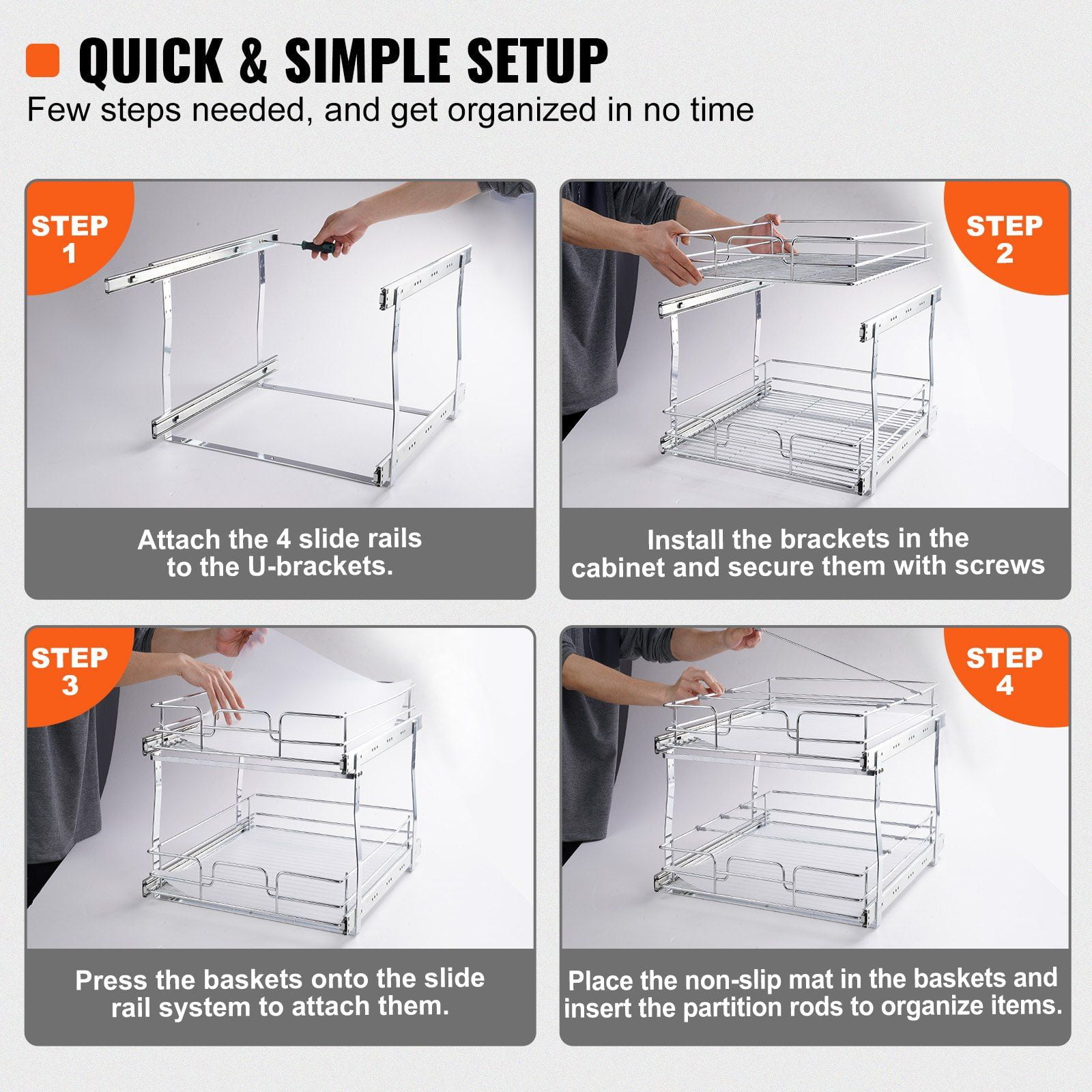 2-Tier 14"W x 21"D Heavy Duty Pull-Out Cabinet Organizer, Chrome-Plated Steel Roll-Out Shelves, Sliding Drawer Storage for Kitchen Cabinets, Pantry, Bathroom & Under Sink