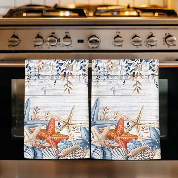 Blue Coastal Kitchen Towels Set of 3, Summer Beach Starfish Weeping Eucalyptus Wooden Absorbent Dish Towels for Kitchen, Microfiber Hand Towel, Quick Drying Tea Towel for Cleaning Dishcloths
