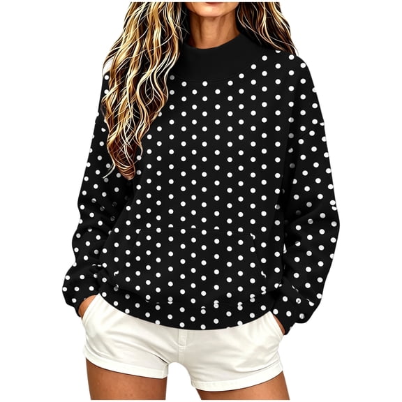 BangWanChi Women's Polka Dot Crew Neck Sweatshirt Long Sleeve Pullover with Front Pocket Casual Fall Top Black L
