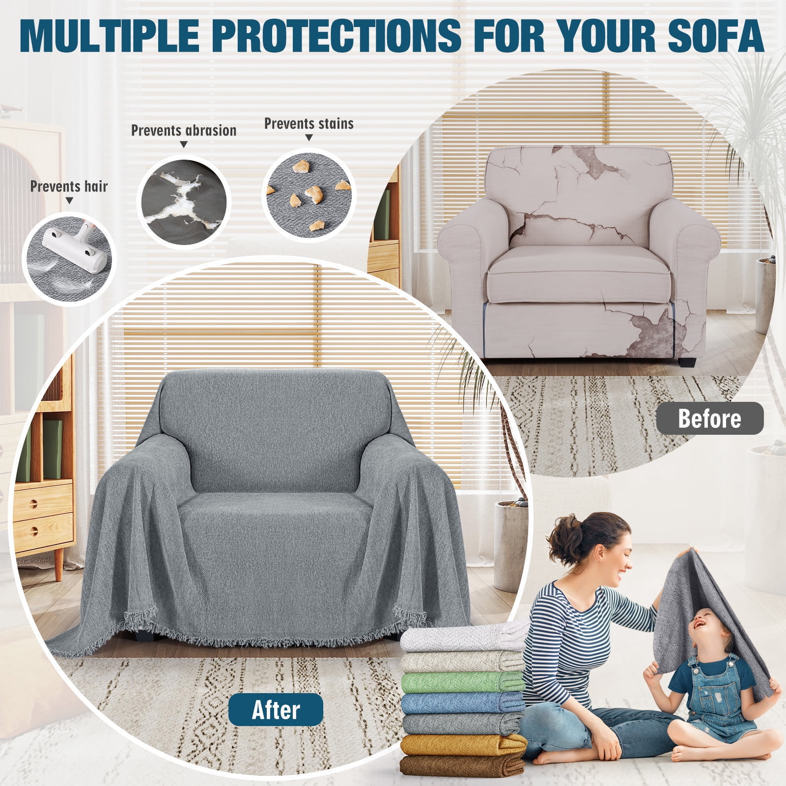 Timeles Couch Covers Washable Sofa Slipcovers with Tassels Sofa Blanket Soft Armchair Cover Durable Furniture Protector for Kids Pets (71" x 71", Grey)