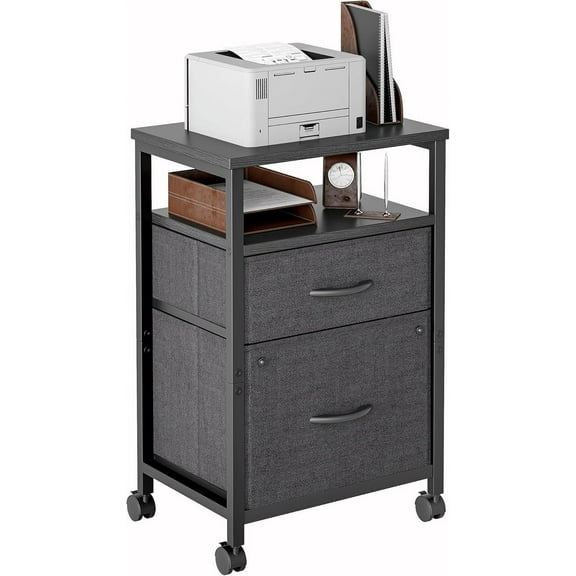 2 Drawer Mobile File Cabinet, Rolling Printer Stand with Open Storage Shelf,  Black