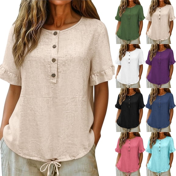ClodeEU Women's Crew Neck Short Sleeve Henley Blouse,Casual Solid Color Linen Blend Top Beige,Women's Plus L