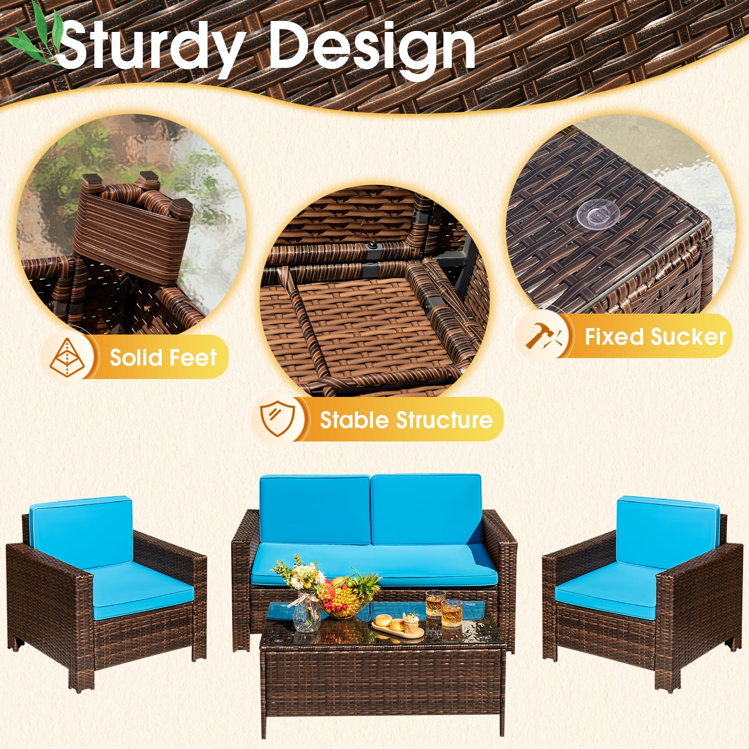 Devoko 4 Pieces Patio Conversation Set PE Rattan Wicker , Blue