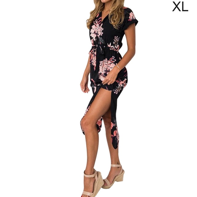 Vestido largo con estampado floral Vestido de fiesta dividido de cintura alta con cuello en V sexy, Negro, XL Eigraketly AP001373-09