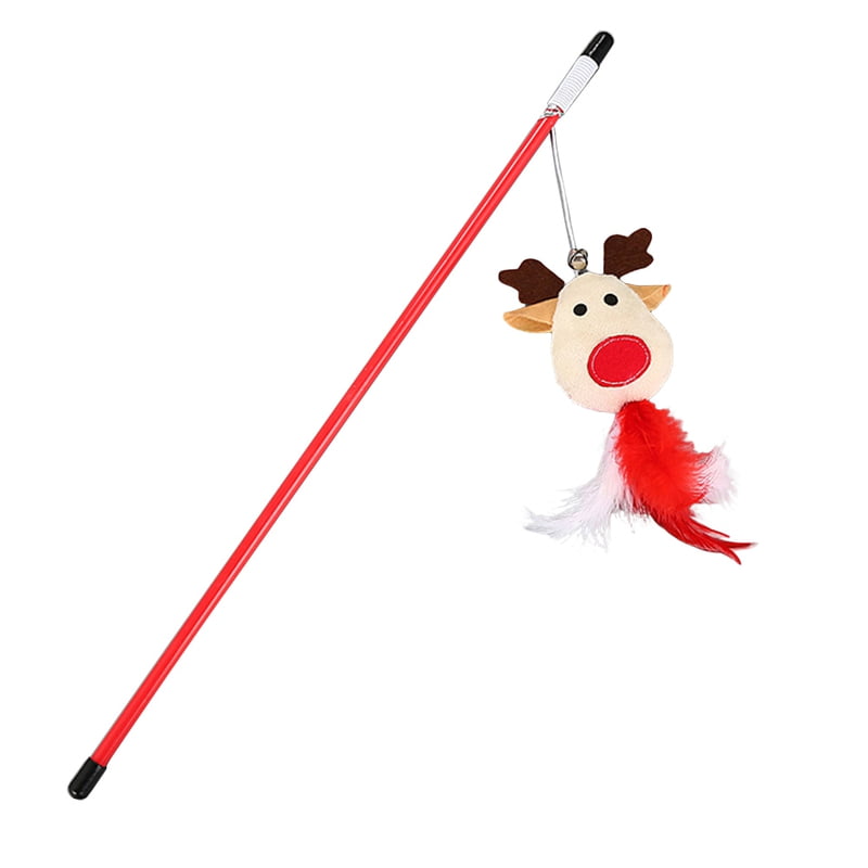 fuchsiaan Christmas Pet Cat Kitten Elk Santa Snowman Feather Bell Teaser Play Stick Rod Toy for Puppy Doggy Kitten Elk # 1pcs