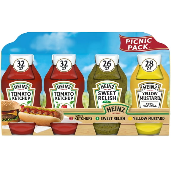 Heinz Tomato Ketchup, Sweet Relish & 100% Natural Yellow Mustard Picnic Variety Pack, 4 ct Pack