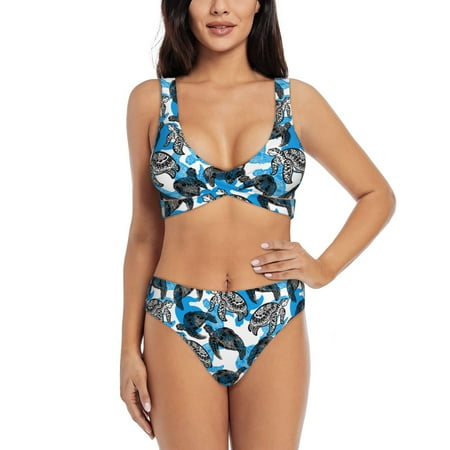 Zeuib Sea Turtle Life High Waisted Tummy Control Bikini Set - Knot Front Push Up Top & Cheeky Thong Bottom  Two-Piece Swimsuit for Women-Large