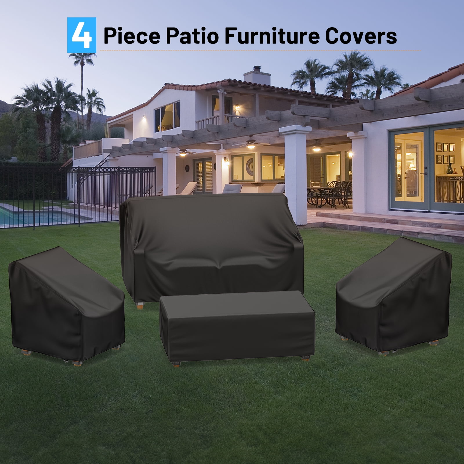 4 Pcs Patio Furniture Covers Waterproof, 420D Heavy Duty Tear-Resistant Outdoor Furniture Cover with Windproof Buckles & Adjustable Drawstring