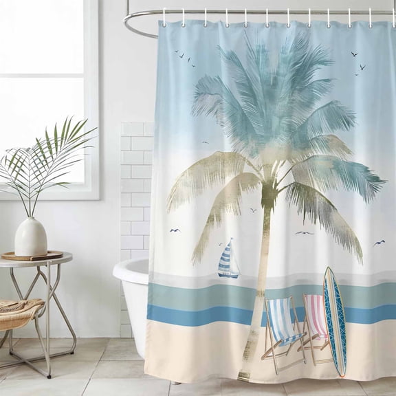 Summer Beach Chair Waterproof Fabric Shower Curtain,Coastal Palm Trees Canoeing Waterproof Fabric Shower Curtain for Bathroom Curtains Bathtubs Hotel Shower Curtains with 12 Hooks Standard 66x72