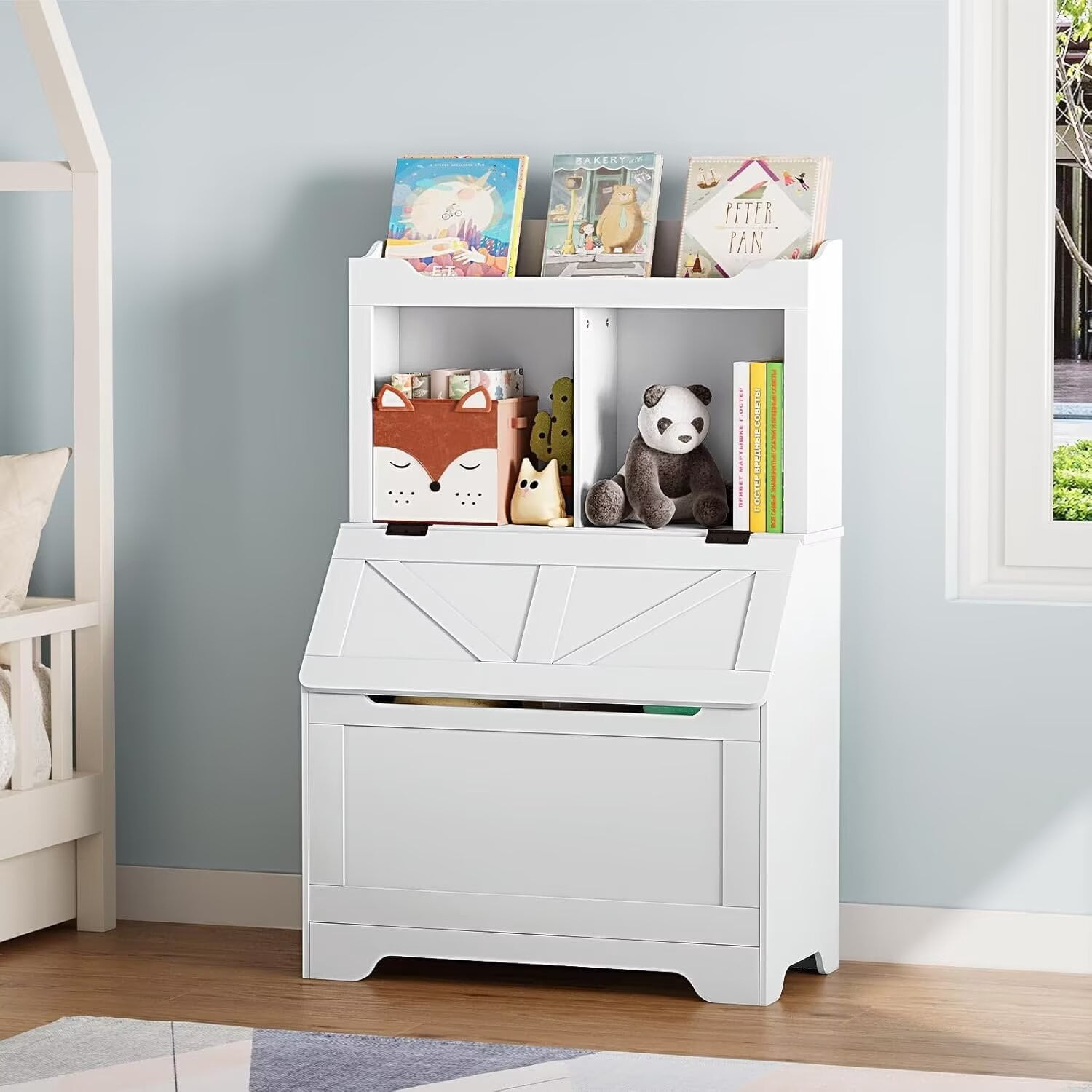 Kids Book shelf and Toy Storage Box, 3-layer Wooden Toy Storage Box with Flip Storage Box and 2-layer Children's Bookshelf, Suitable for Playroom, Bedroom Living Room, Kindergarten, White