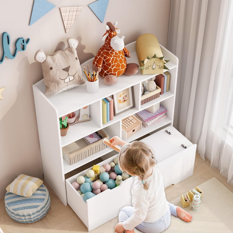 TROPOW Toy Storage Organizer with Movable Drawers, Kids Bookshelf with Hidden Wheels & Open Cubbies, Multifunctional Floor Storage Chest for Playroom