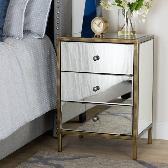 Naaman Modern and Contemporary Hollywood Regency Glamour Style Mirrored 3-Drawer Nightstand Bedside Table by Ember Interiors
