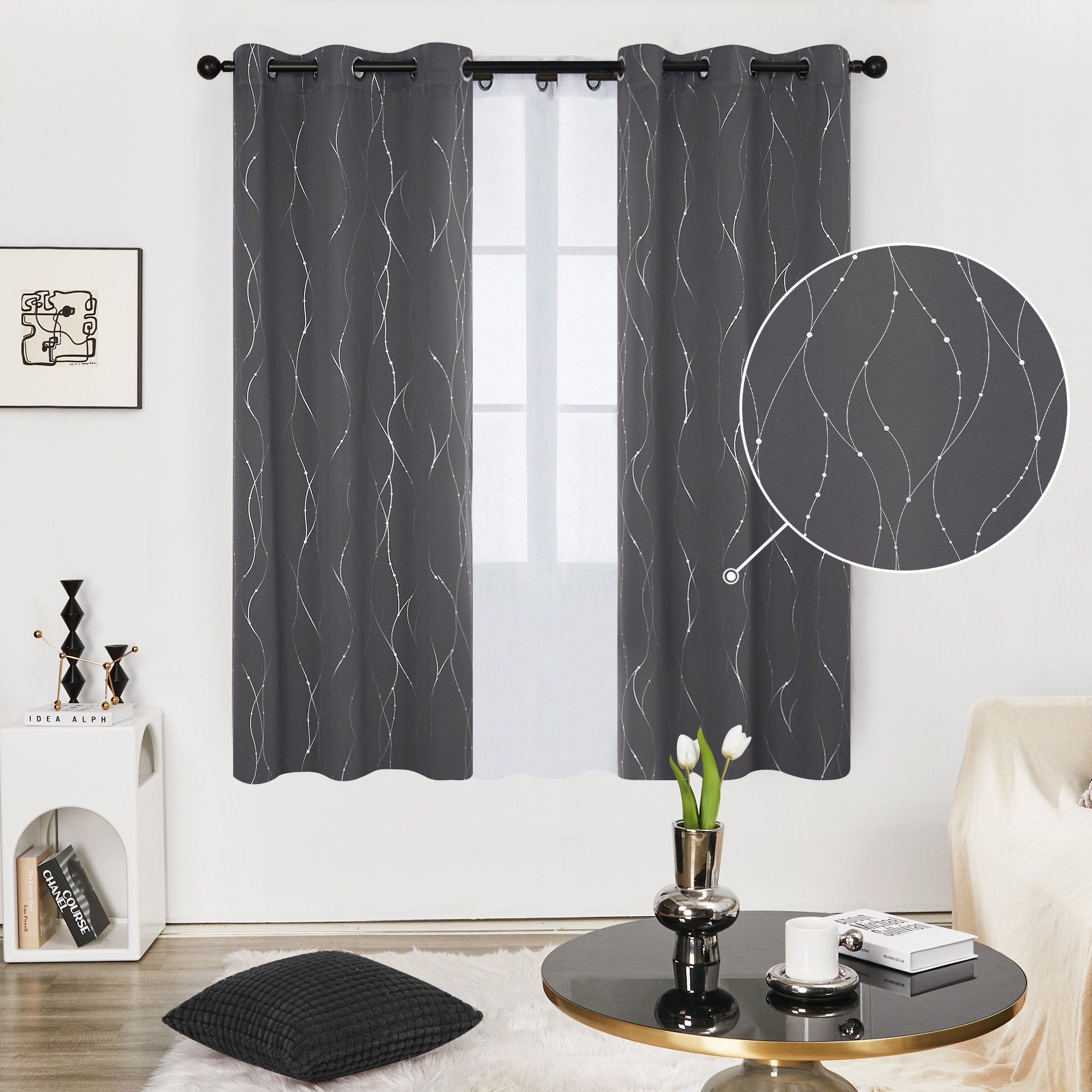 Deconovo Silver Printed Blackout Curtains - 2 Panels, Wave Dots Pattern, Grommet Top, 42"x63", Thermal Insulated Drapes for Bedroom & Living Room, Dark Gray