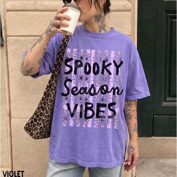 PAVIG Spooky Season Vibes Retro Spiderweb Halloween Garment-Dyed Tee