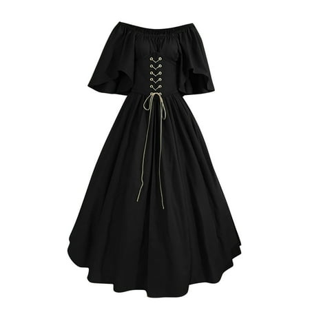 Brglopf Medieval Renaissance Dress Women with Corset Plus Size Evening Ball Gowns Costume Vintage Bell Short Sleeve Dress(Pure Black XL)