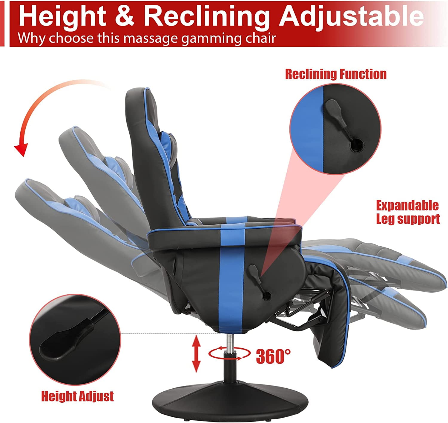Massage Gaming Chair Reclining Video Game Chair Ergonomic Office Chair Height Adjustable Gamer Chair with Headrest and Lumbar Support PU Leather High Back Swivel Computer Chair