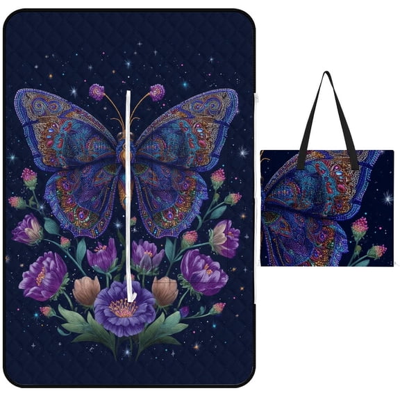 Beaded Butterfly Cosmic Floral Art Picnic Blanket Waterproof Outdoor Beach Blanket Hand-held Pad Suitable for Travel, Camping, Beach, Family Gatherings