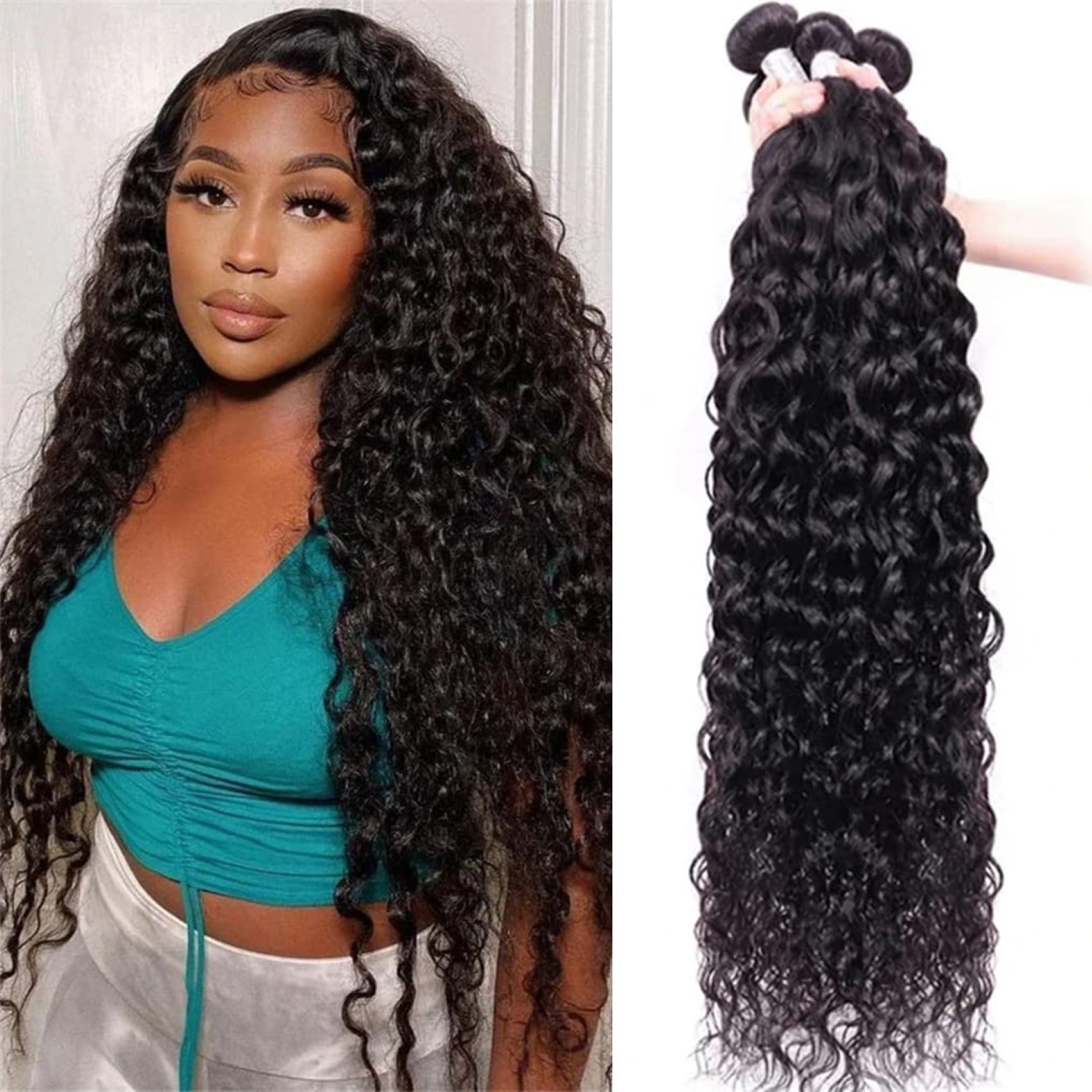 ASHINE Water Wave Bundles Human Hair 10A Brazilian Virgin Human Hair 24 inches Double Weft Natural Black Color Glueless for Women