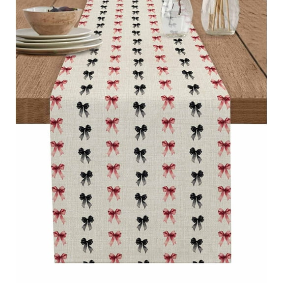 ERUNPONLY Black Red Bow Table Runner - 70 Inch Long Sweet Romantic Linen Retro Artwork Cotton and Linen Blended Dress Scarves Farmhouse Table Runner for Kitchen Dining, Coffee Table, 13"x70"