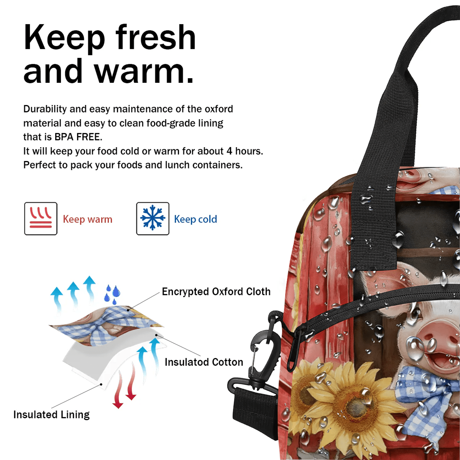 Herdesigns Pig Lunch Bag for Men Women Adults Funny Insulated Lunch Box Leakproof Cooler Tote Bag Organizer with Adjustable Shoulder Strap