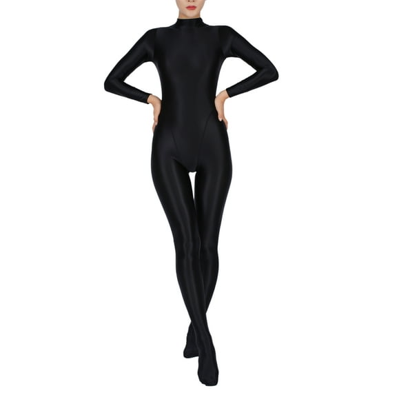 Kaerm Women's One Piece Glossy Bodystocking Smooth Long Sleeve Full Body Jumpsuit Catsuit Dancewear Black 3XL