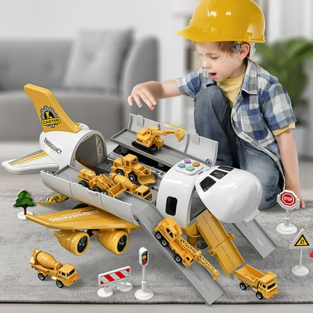 TEMI Storage Transport Plane Cargo with 5 Free Wheel Diecast Construction Vehicles, Kids Toy with Lights & Sounds for 3+ Years Old Boys and Girls Gift