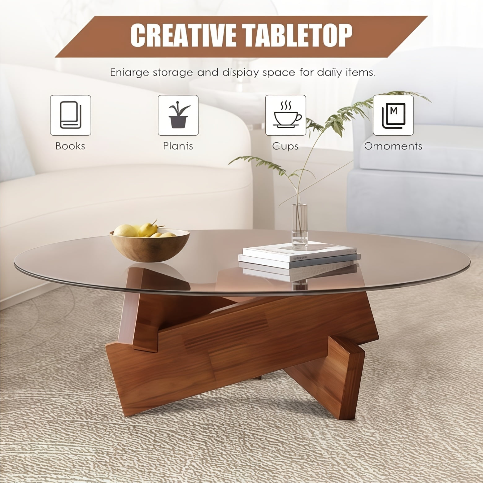 Round Modern Coffee Table for Living Room, Coffee Tables for Living Room with Glass Top and Cross Solid Wood Legs, Multifunctional Low Table for Apartment, Bedroom(Brown,80 * 80 * 31cm)