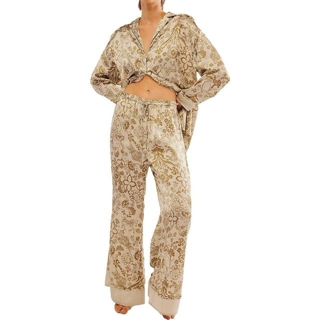 Silk Satin Pajamas Set For Women 2 Piece Floral Wide Leg Pants Set Long Sleeve Button Down Pj Shirts Set