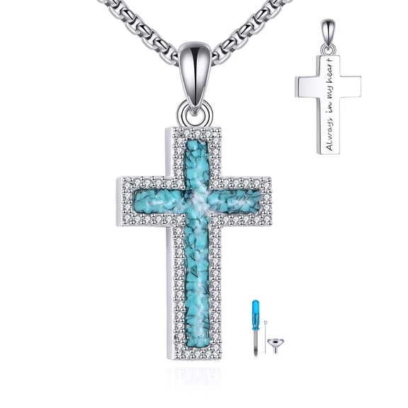 Cross Urn Necklaces for Ashes 925 Sterling Silver Turquoise Cremation Keepsake Memory Jewelry for Women Men