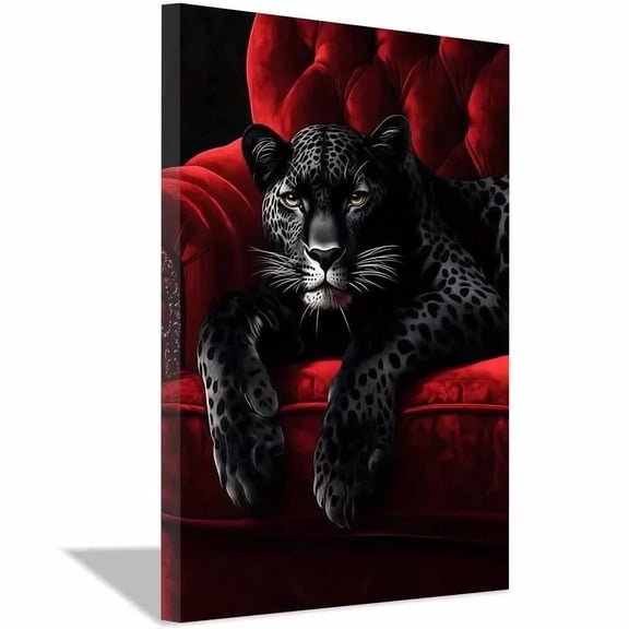 Shadowed Leopard Lounging Red Velvet Tufted Chair Framed Canvas Wall Print,Moody Fauna Artwork for Lounge Office Restroom Styling Ready to Hang-12"L x 8"W