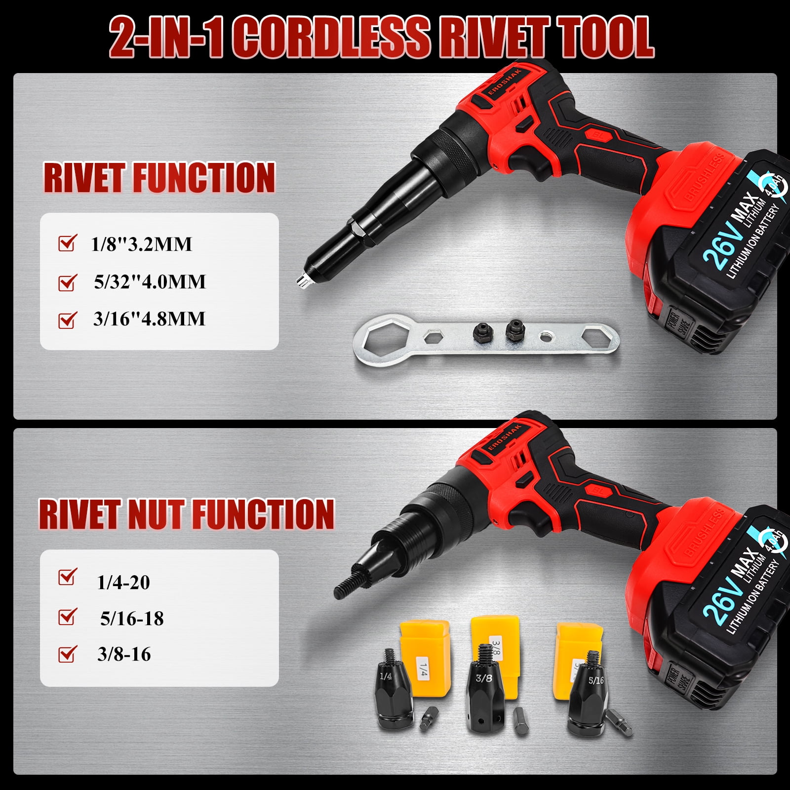 iMeshbean 2 in 1 Cordless Rivet Gun with 2 battery, Electric Riveter Brushless Riveting Tool for Mikita 18V