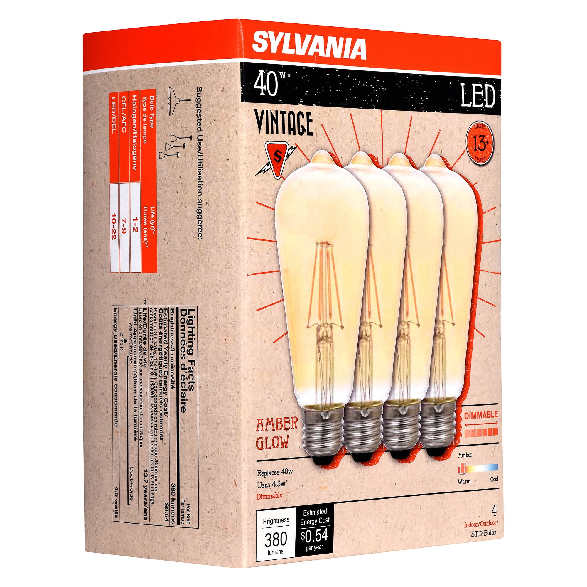 SYLVANIA LED ST19 Light Bulb, 40 Watt, Dimmable, Vintage, 4 Pack