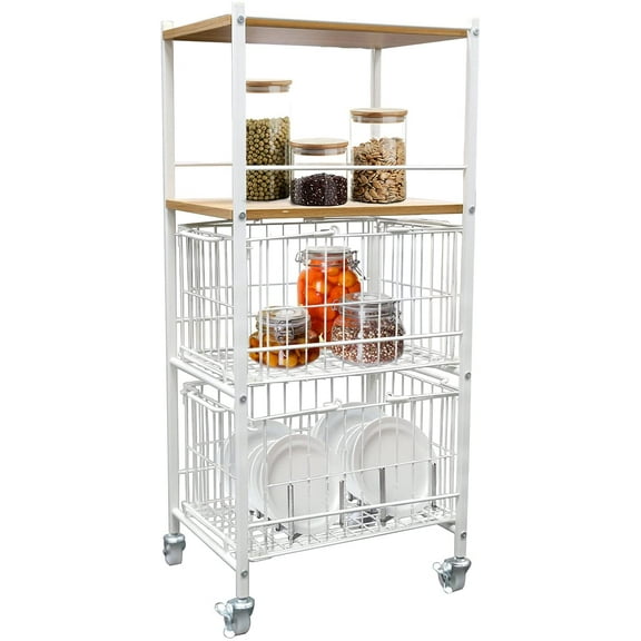 Kitchen Shelves Storage Basket for Organizing Rolling Utility Cart Pantry Unit with Wheels White