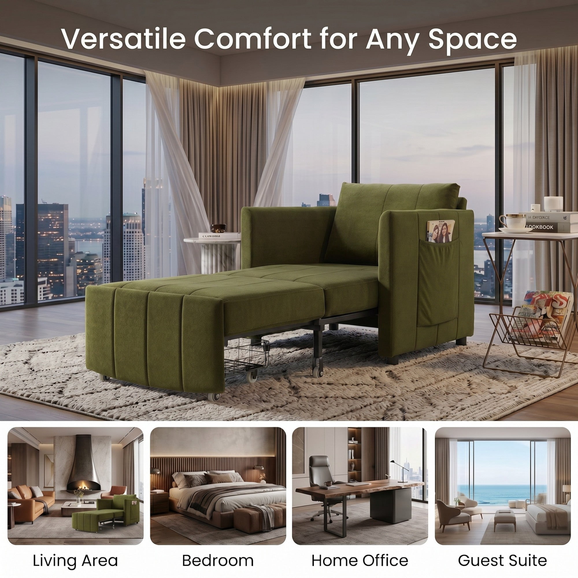 Sailvan 31.5" Convertible Pull Out Sofa Bed, Adjustable Chenille Sleeper Chair with Storage Green