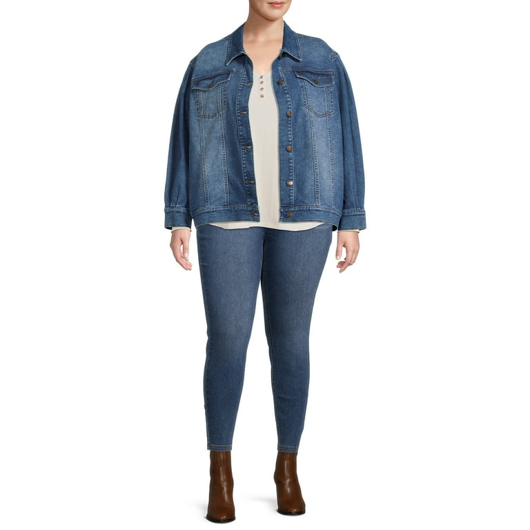 Terra & Sky Women's Plus Size Trucker Jacket with Volume Sleeves
