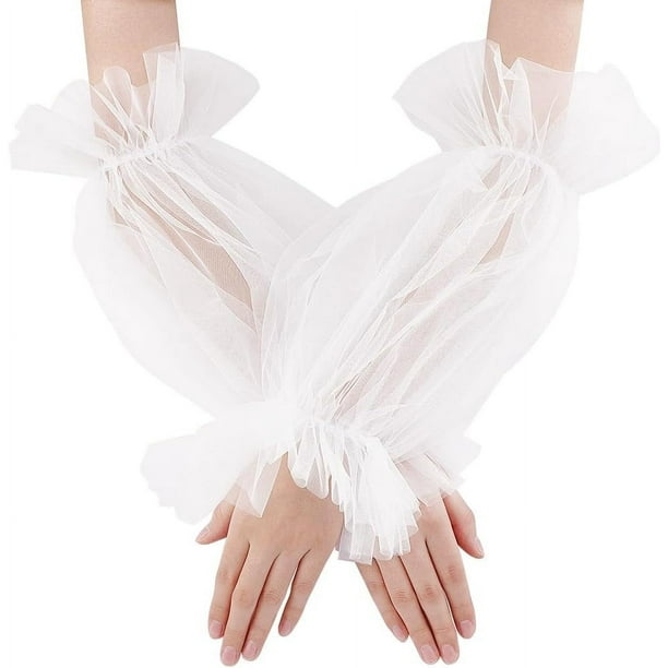 Un par de mangas blancas desmontables abullonadas de encaje para vestido de novia, de 39,4 cm de largo, de tul liso y transparente.