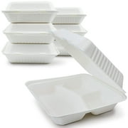 Biodegradable To Go Food Containers, Hinged Disposable Take Away Food Containers Eco Friendly Sugarcane Bagasse Clamshells, Compostable Microwave Safe Take Out Boxes (9" X 9" | 3 Compartment | 25 PCS)