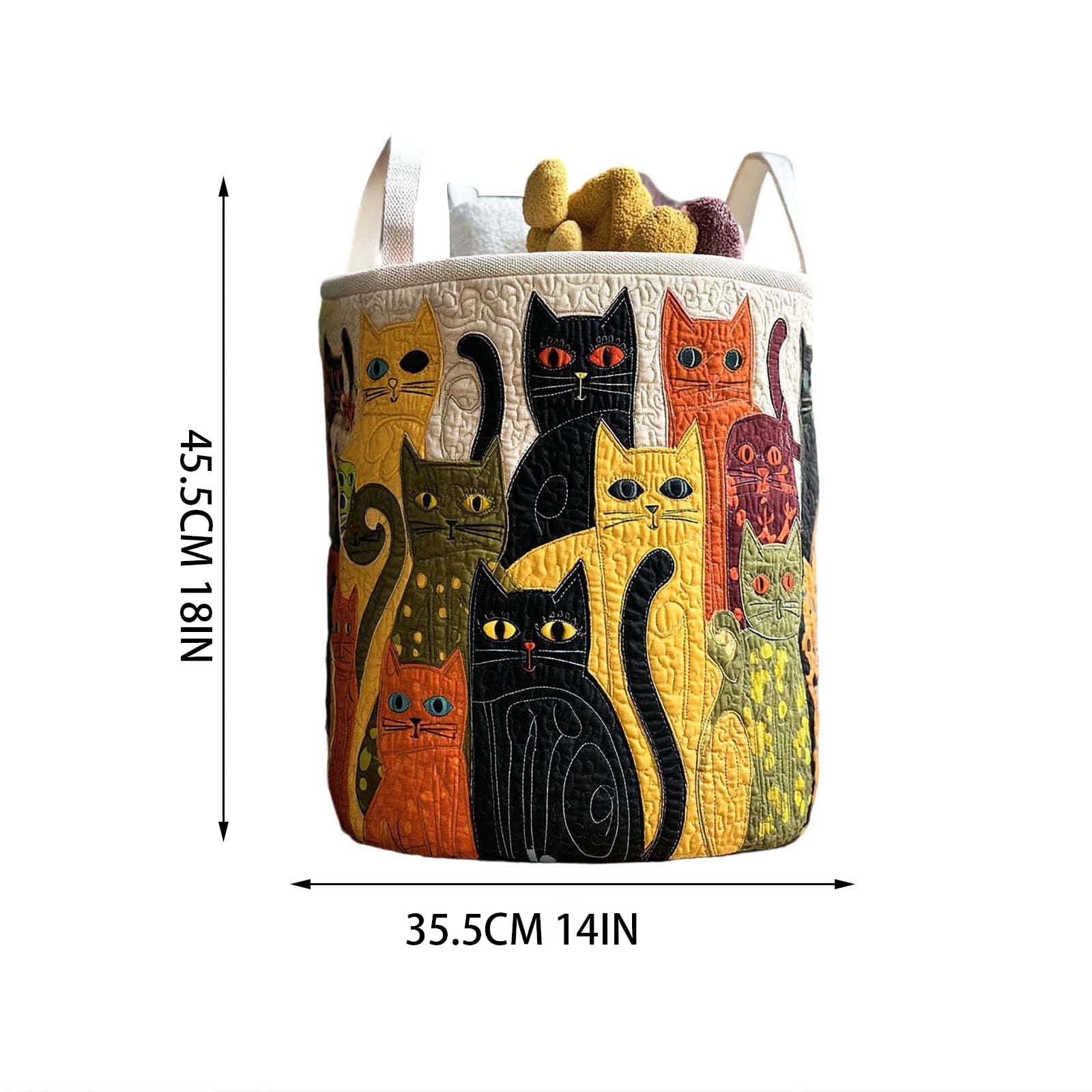 Cat Quilted Laundry Basket, Large Quilted Cute Cat Laundry Baskets with Reinforced Handles, Cozy Kitten Fabric Storage Hamper 18''x14''