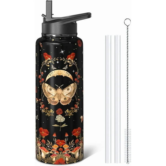 Goth Gifts 40oz Sport Water Bottle with Flip Straw & Spout Lid, Gothic Poppy Moth Stainless Steel Insulated Gym Water Bottle, Mushroom Moon Gifts for Women Men (1 PC)