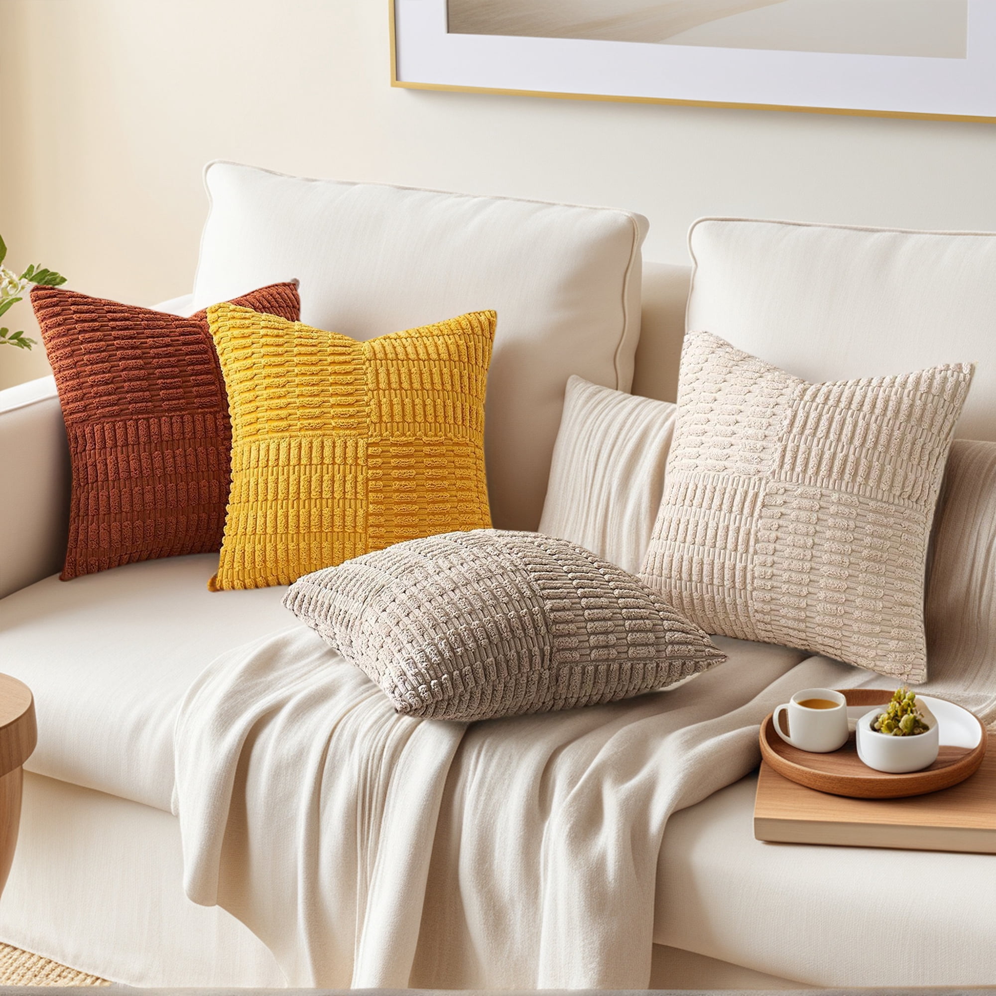 Unique Bargains 4 Pcs Corduroy Throw Pillow Covers 18" x 18" Beige/Khaki