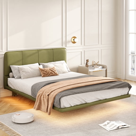 Christopher Knight Home Full Size Modern Green Upholstered Leatherette Floating Bed Frame & Headboard Set with LED Lighting