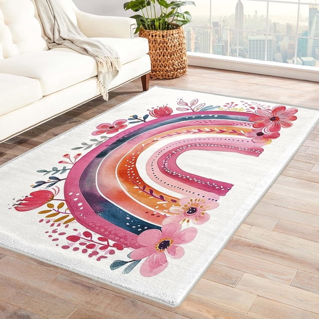 Rainbow Rugs for Bedroom - 5x8 Rug, Pink Cute Floral Soft Non Skid Machine Washable Rugs, Girls Kids Cozy Low Pile Large Carpet for Living Room Dining Room College Dorm